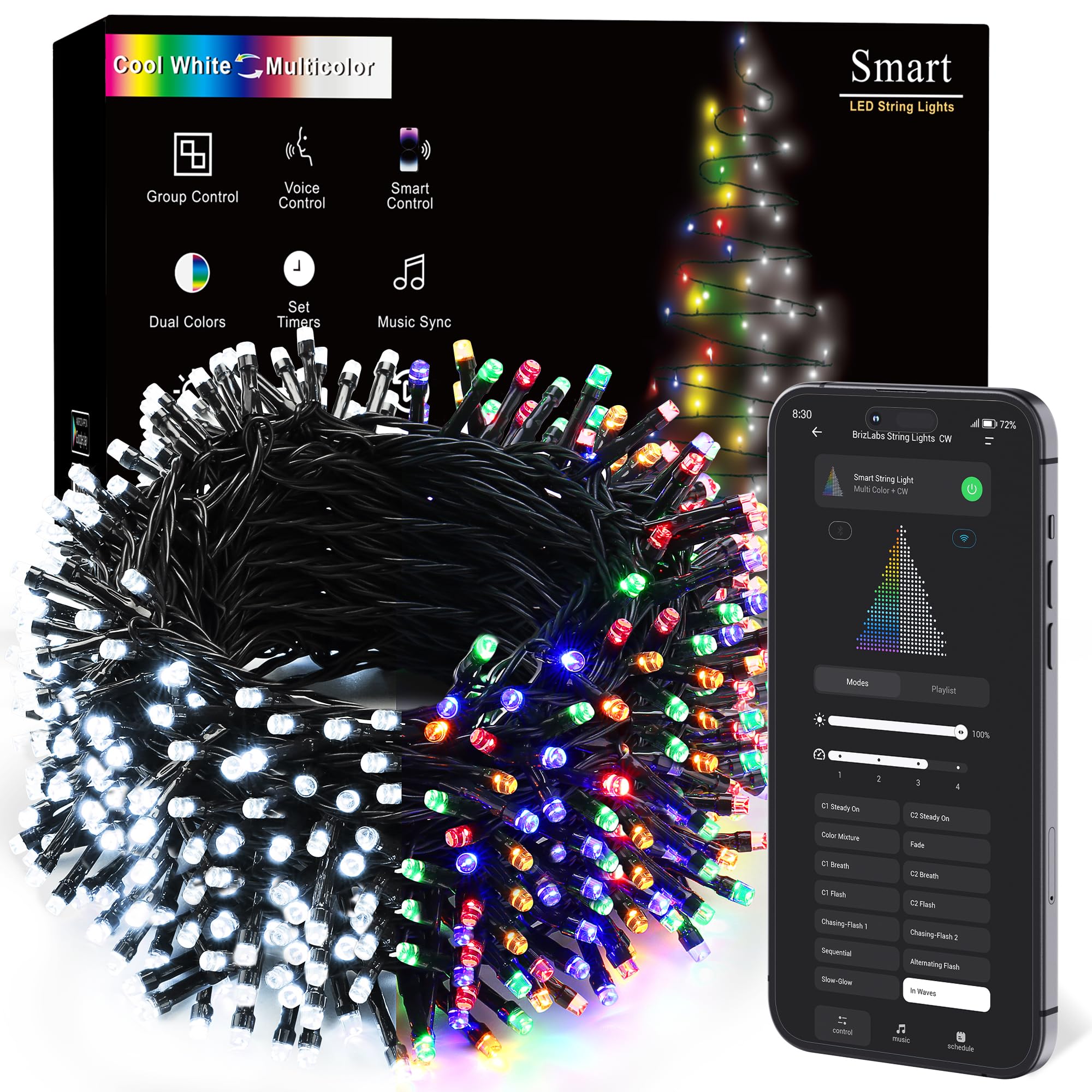 BrizLabs Smart Christmas Lights, 180FT 500 LED Color Changing Christmas Lights with App/Voice Control, Dimmable Warm White & Multicolor Mini Light String, Decorative Xmas Light for Indoor Outdoor Tree